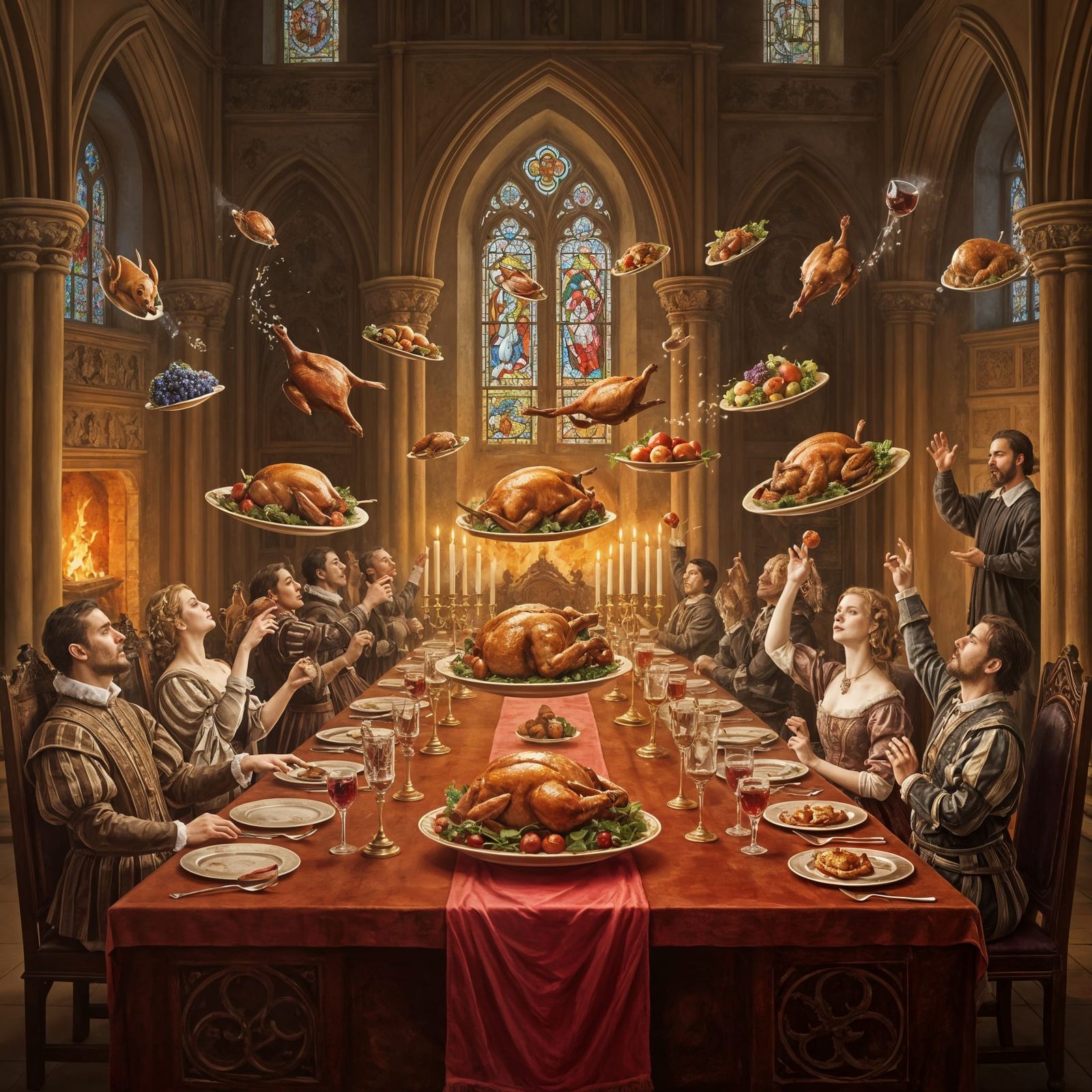 Magical Floating Feast in Renaissance Hall Oil Painting