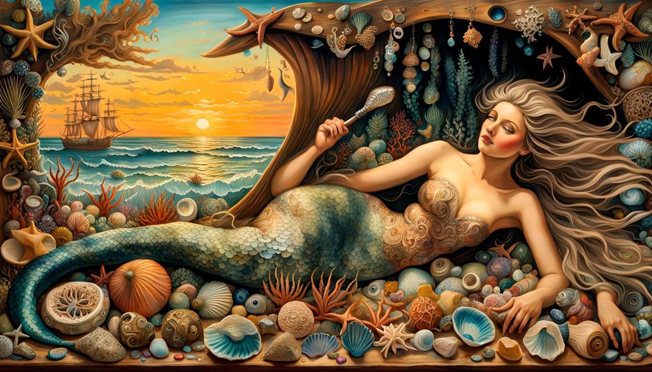 Sunset Mermaid Among Washed-Ashore Treasures