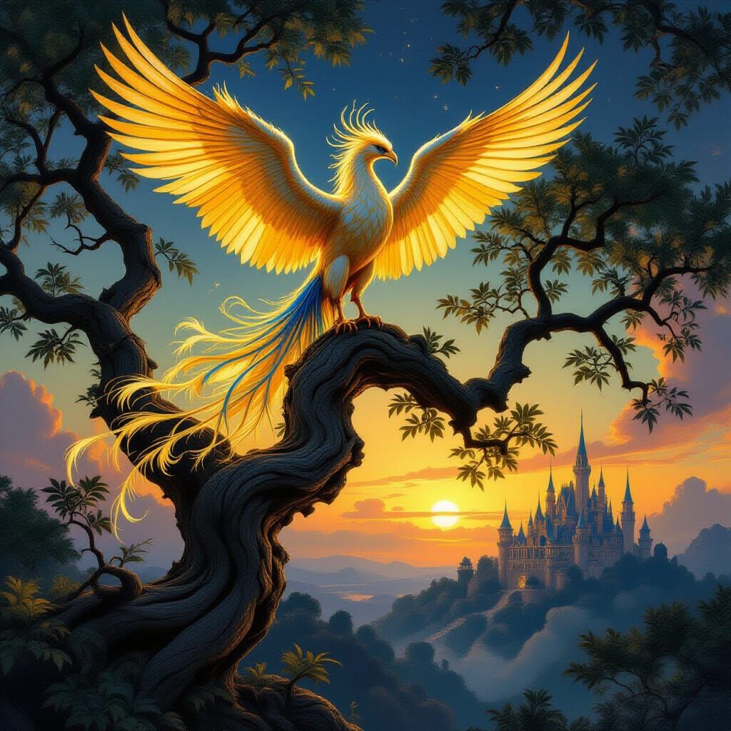Ethereal Phoenix with Gold Sapphire Feathers on Ancient Tree