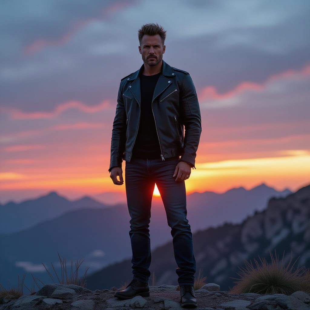 Dramatic Mountain Sunrise: Rugged Man in Leather