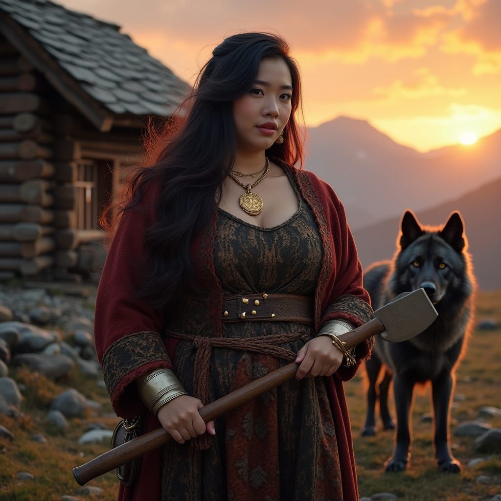 Plus-Size Model in Viking Attire with Wolves at Sunset