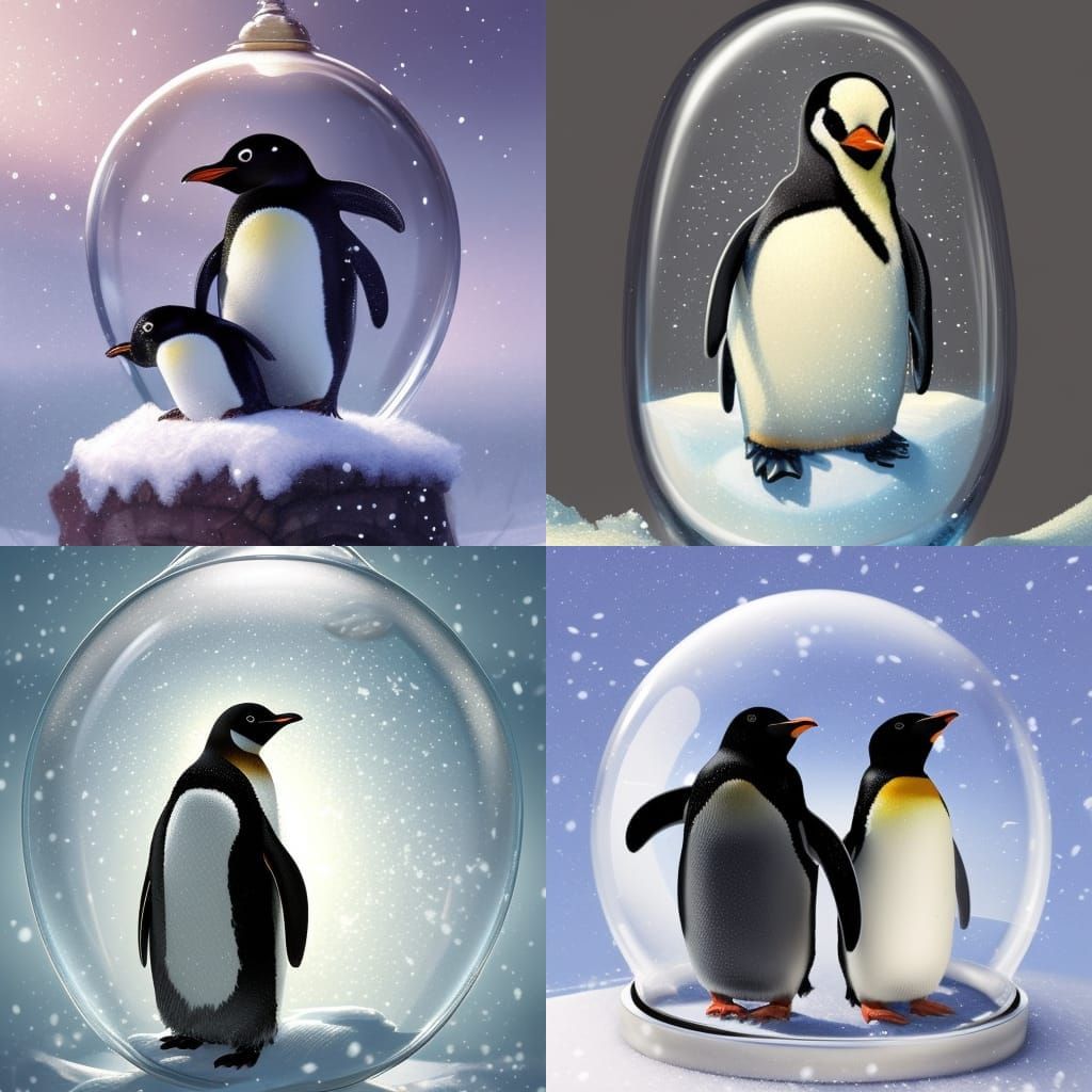 Penguins in Snow Globe Portrait, Detailed Digital Art
