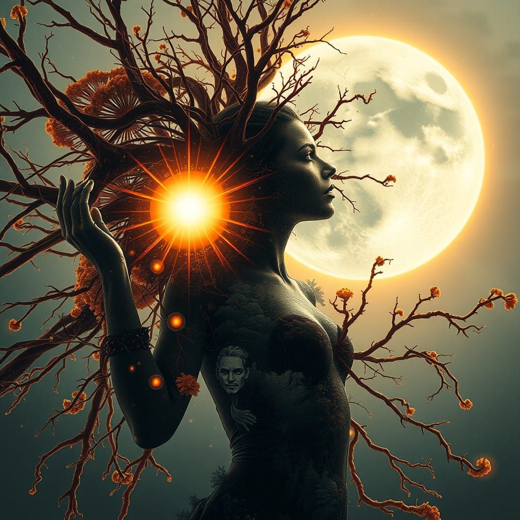 Transhumanist Woman Embodies Cosmic Surrealism in Mycelium N...