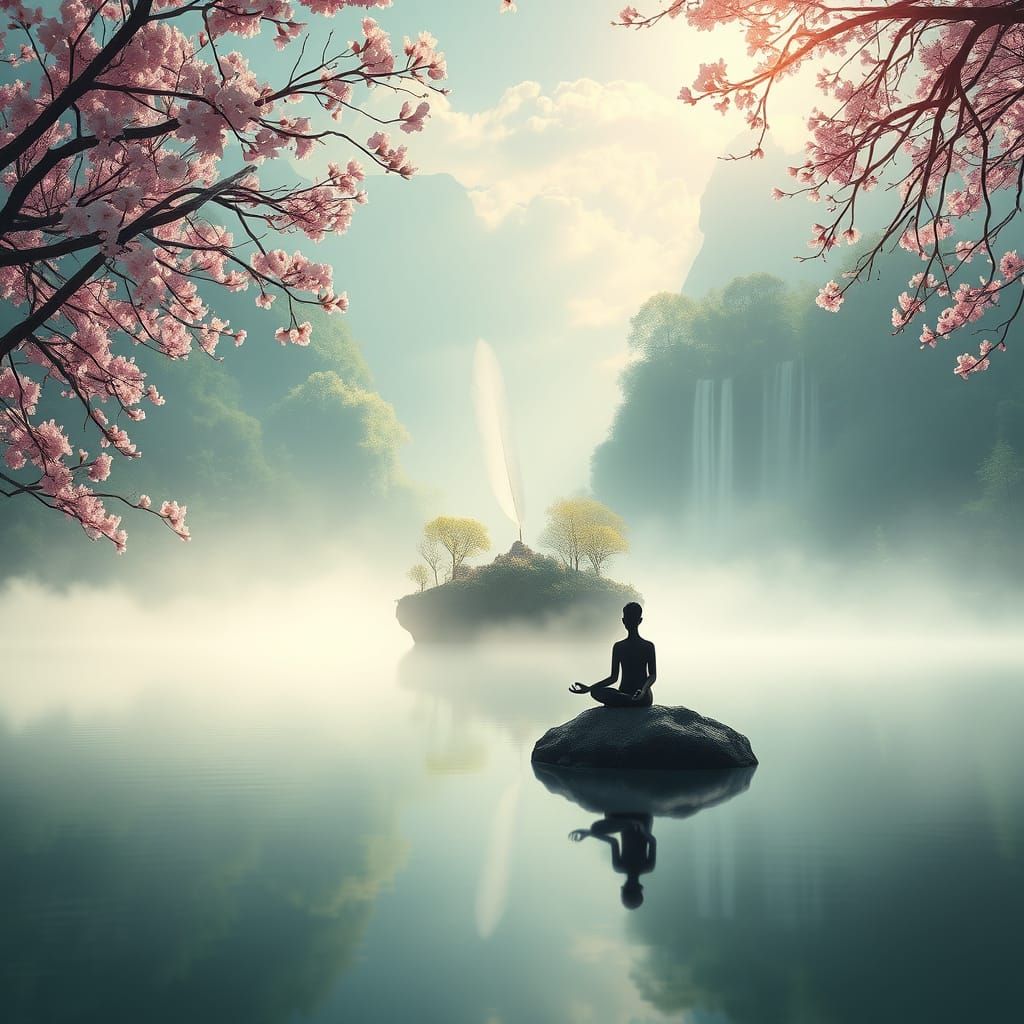 Serene Forest Scene With Meditating Figure and Floating Isla...