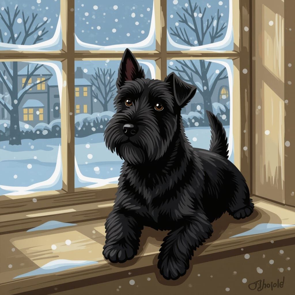 Scottish Terrier by Snowy Window Retro Illustration