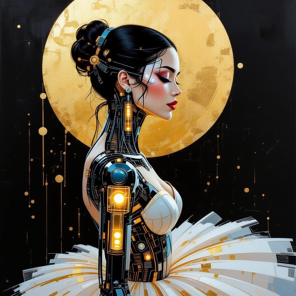 Cyborg Ballerina Portrait in Klimt Style with Gold Accents