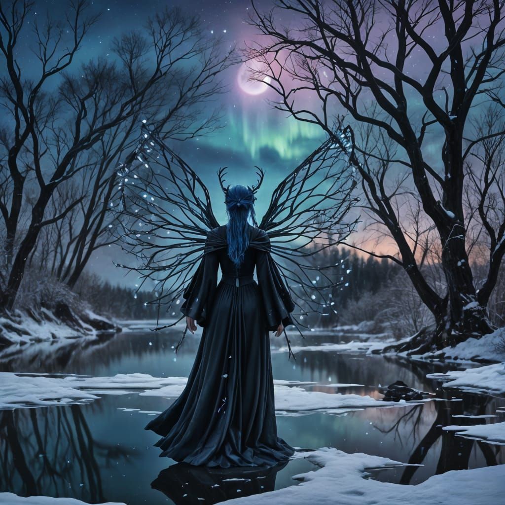 Dark Fae Woman with Winter Aurora Borealis