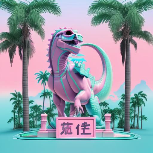 Vaporwave Dinosaur with Japanese Text and Columns