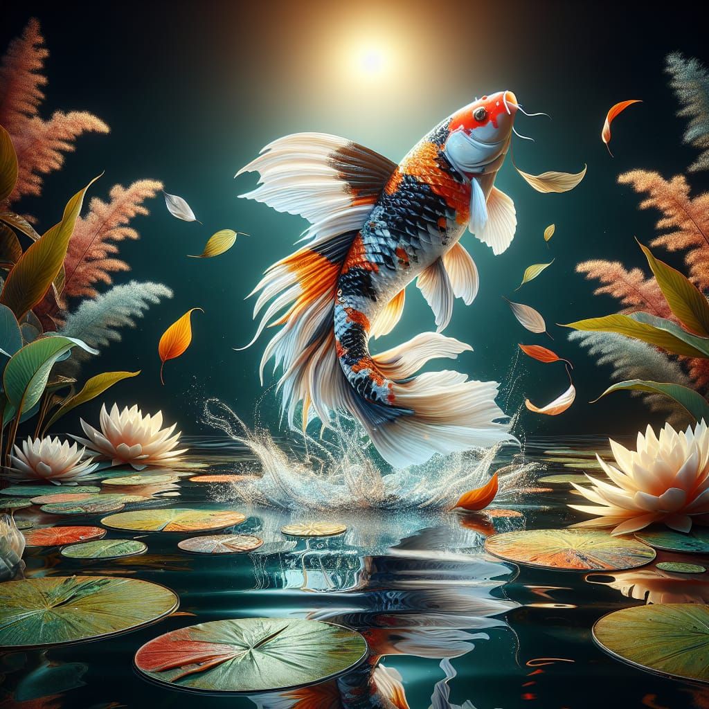 Koi Leaping from Pond: Hyperrealistic Digital Art