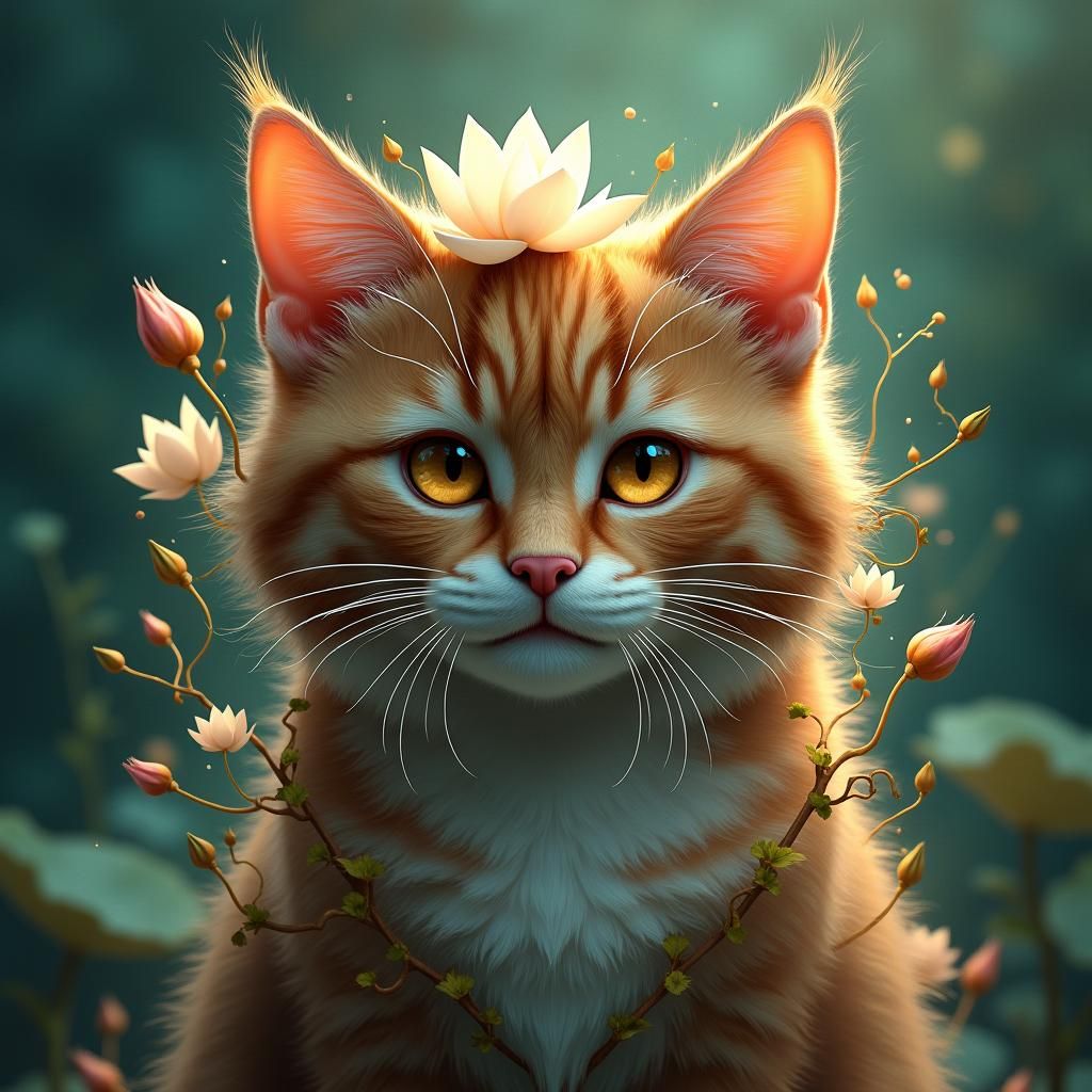 Lotus-Adorned Tabby Cat in Dreamlike Fantasy