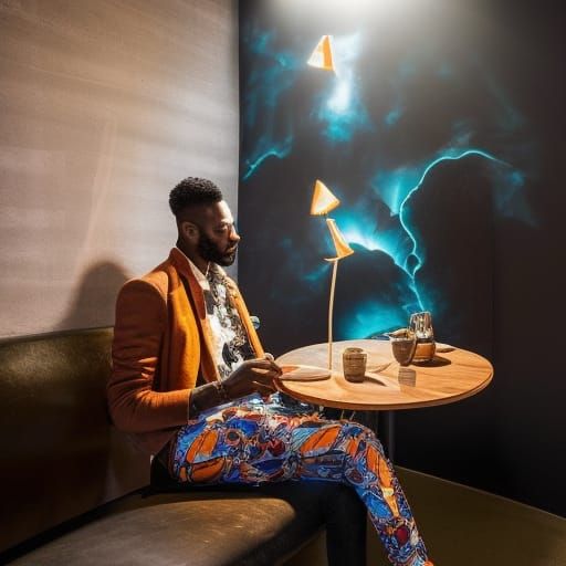 Cafe Scene: Man, Coffee, and Enchanted Abstract Art