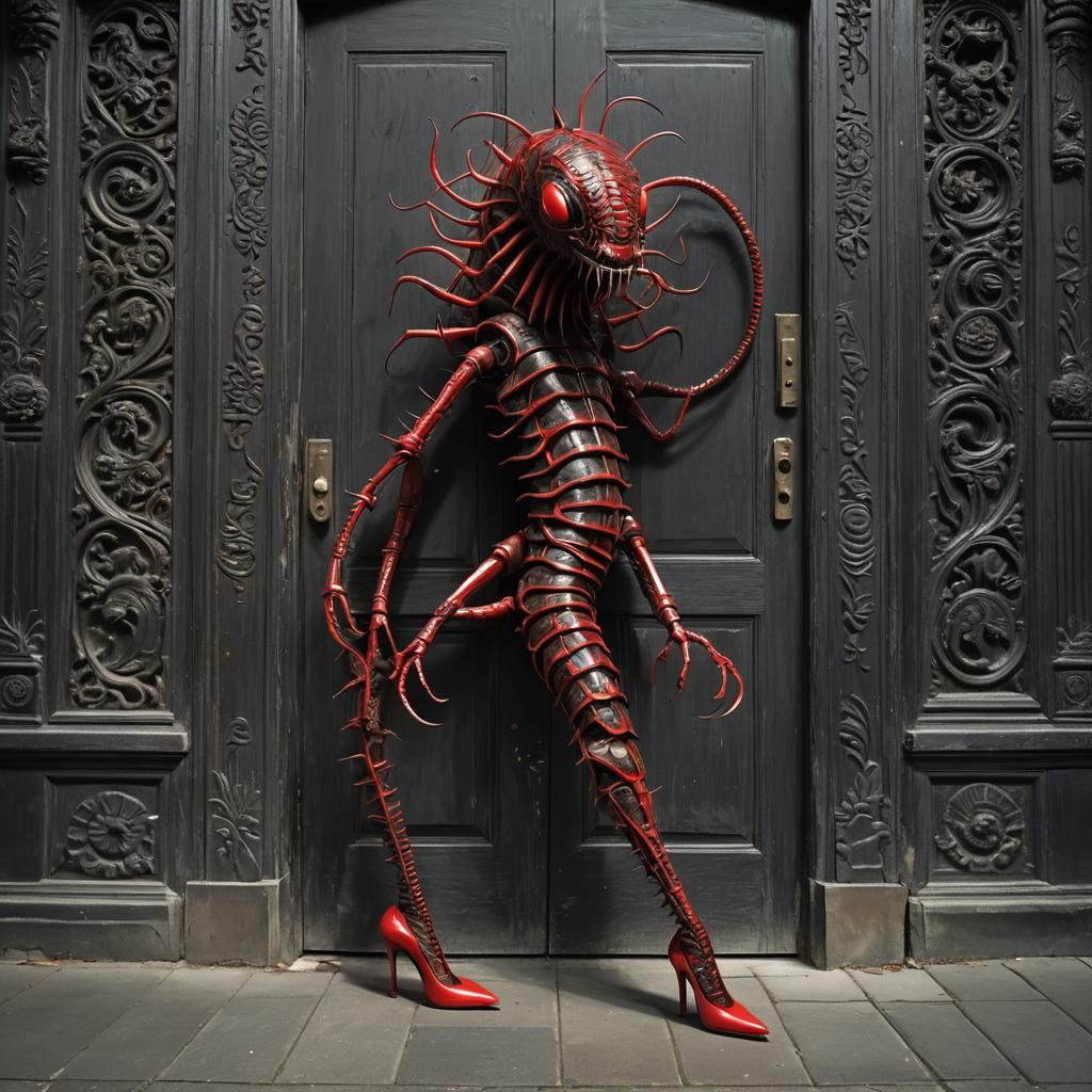 Surreal Centipede Creature in Red High Heels