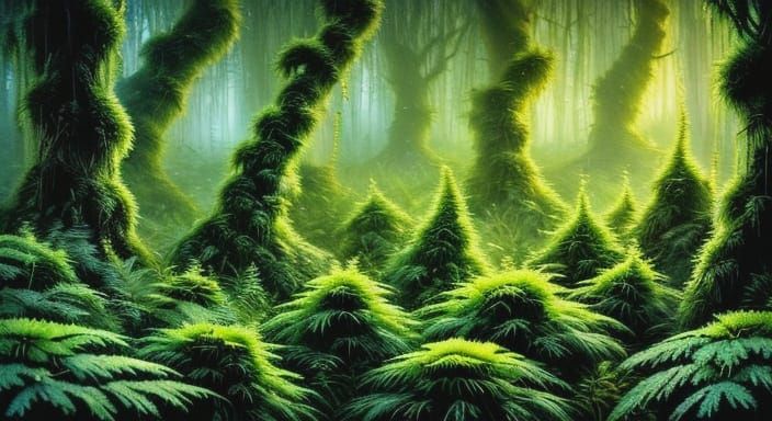 Mystical Ferns With Shifting Runes in Painterly Style