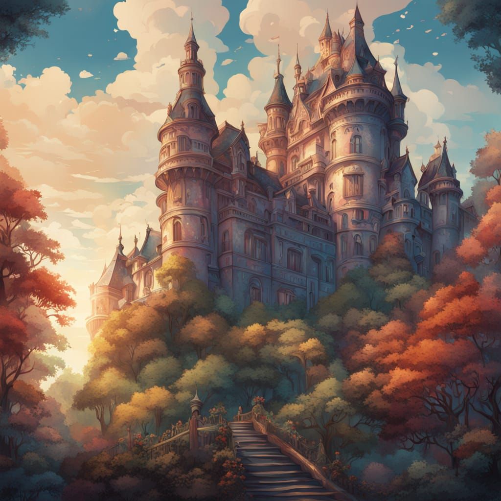 Ethereal French Castle in Whimsical Forest, Anime-Inspired M...