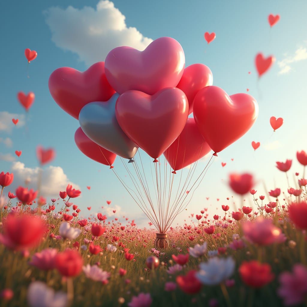 Heart Balloons Over Flowery Meadow in Detailed Matte Paintin...