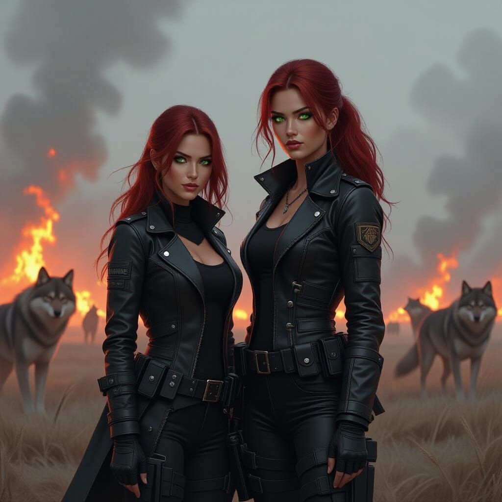 Fiery Battlefield: Woman and Wolves in Gritty Scene