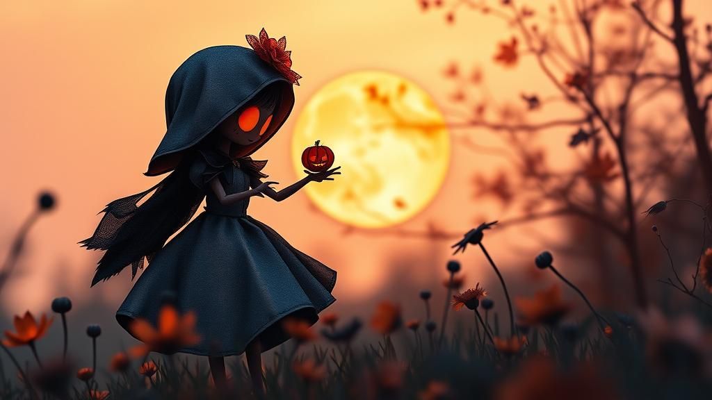 Halloween Doll in Watercolor Liquid Ink Illustration