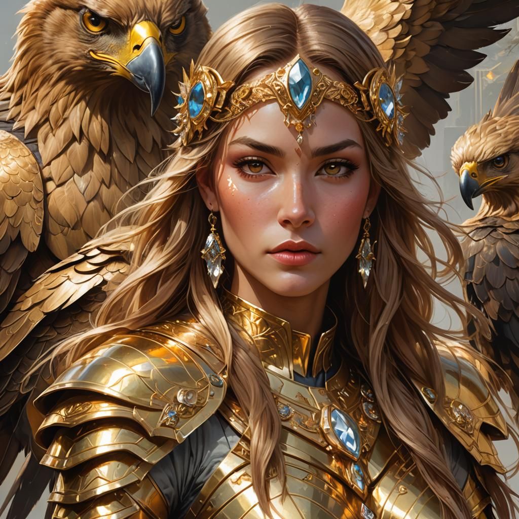 Golden Armored Girl with Eagle: Hyperdetailed Portrait