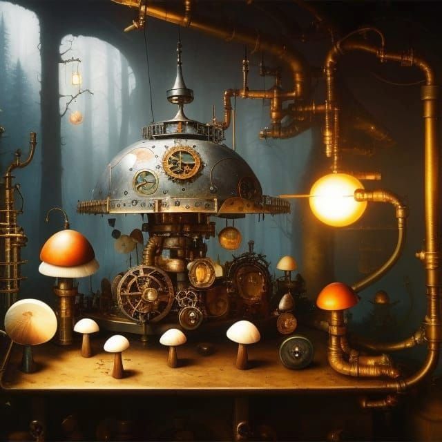 Steampunk Mushroom Machines Still Life in Magical Style