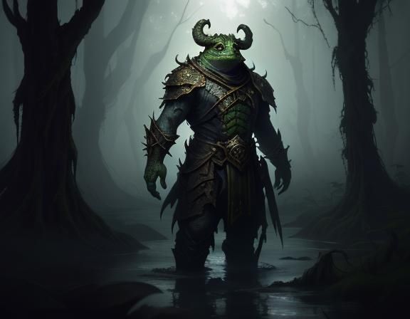 Menacing Bullywug in Misty Swamp, Dark Fantasy Art