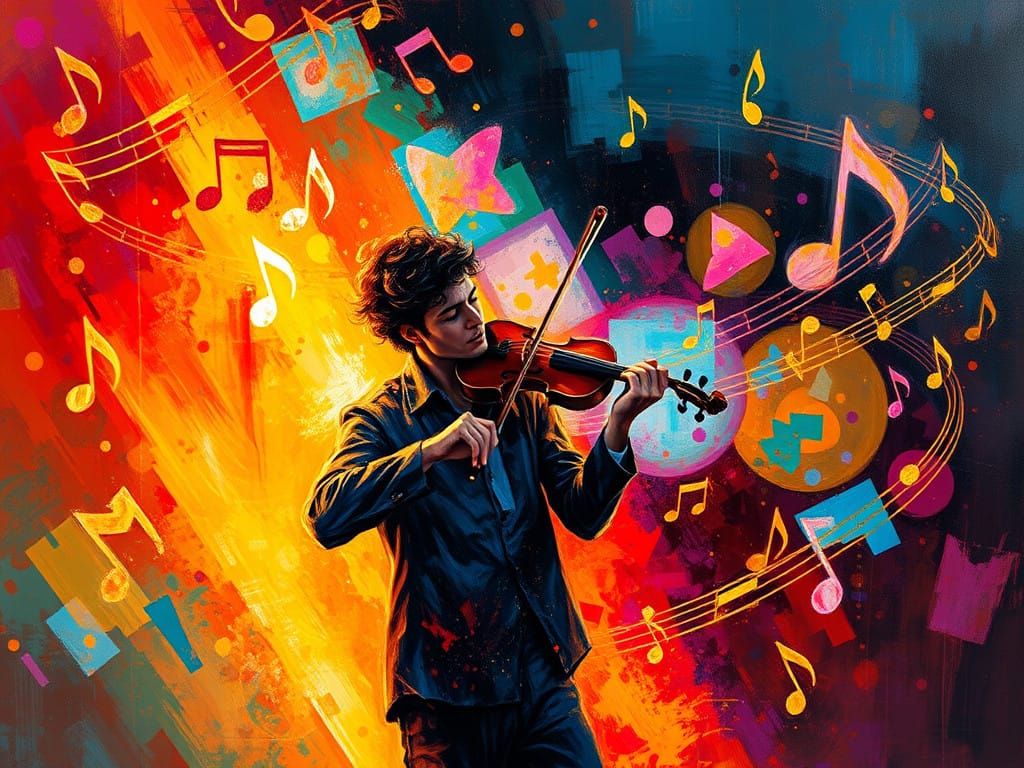 Vibrant Violinist Amidst Cosmic Lights