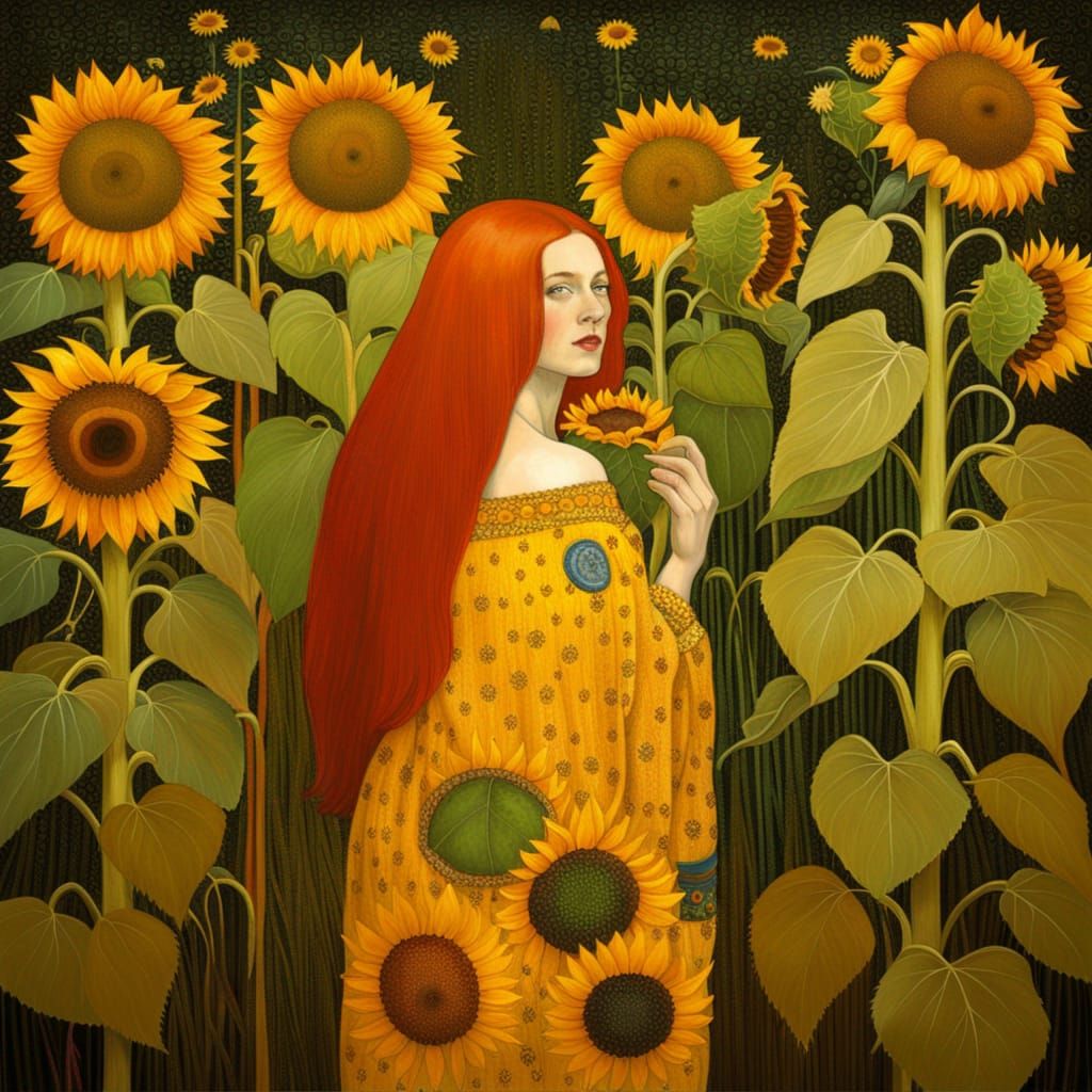 Redhead Nude Among Sunflowers: Klimt-Inspired