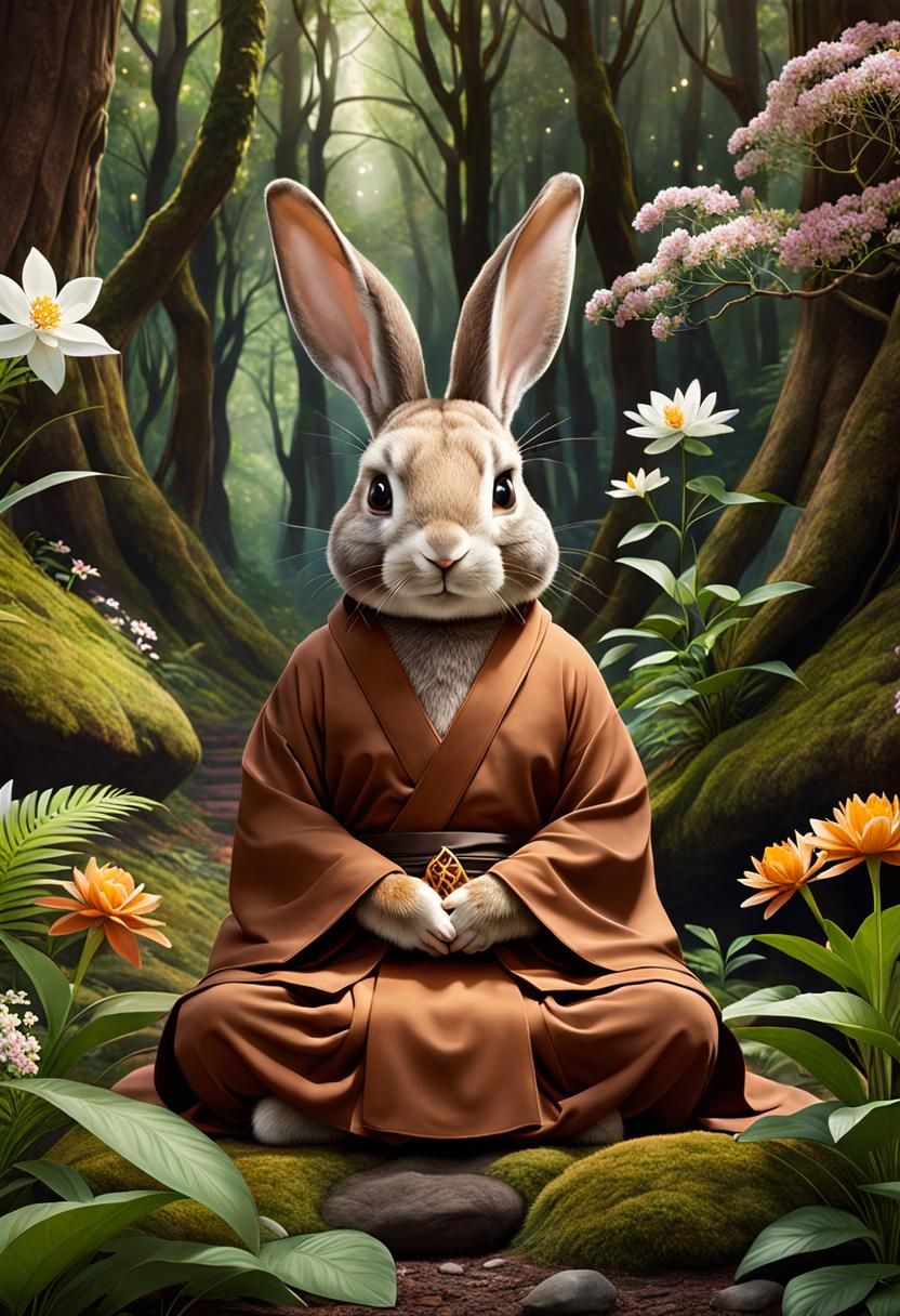 Meditating Rabbit in Magical Forest