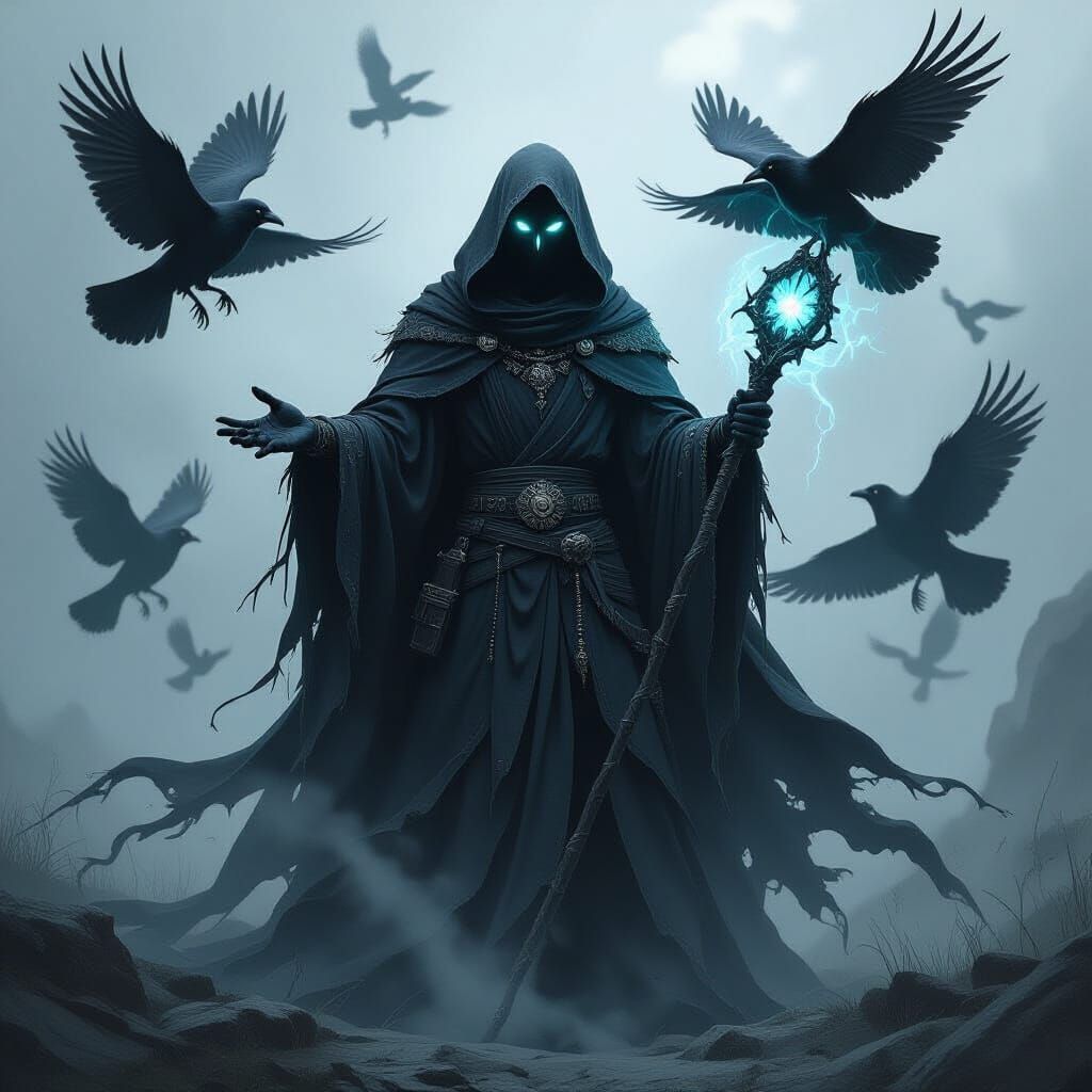 Crow Necromancer Summoning Ghostly Ravens in Dark Fantasy St...