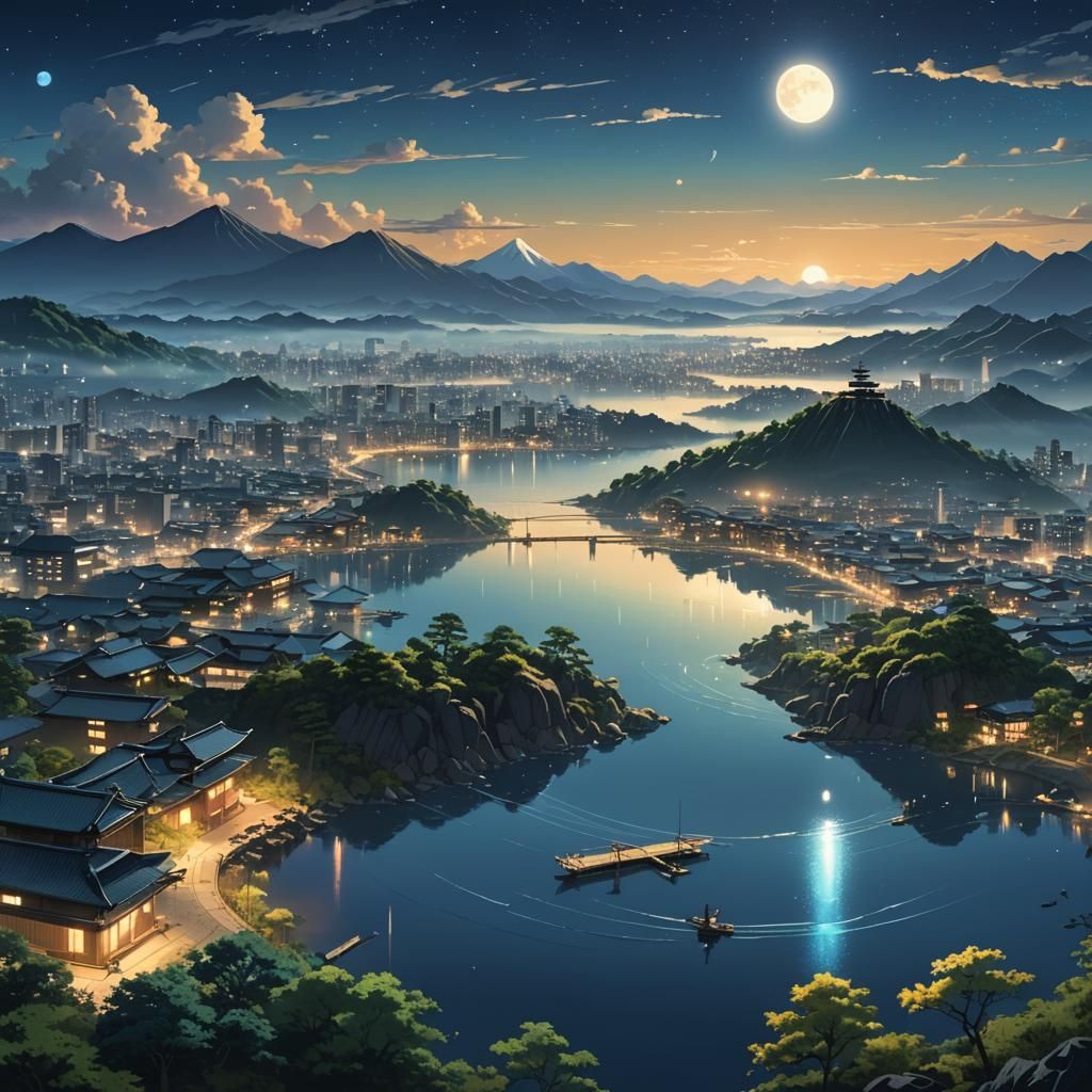 Nighttime Japan Under a Luminous Moon