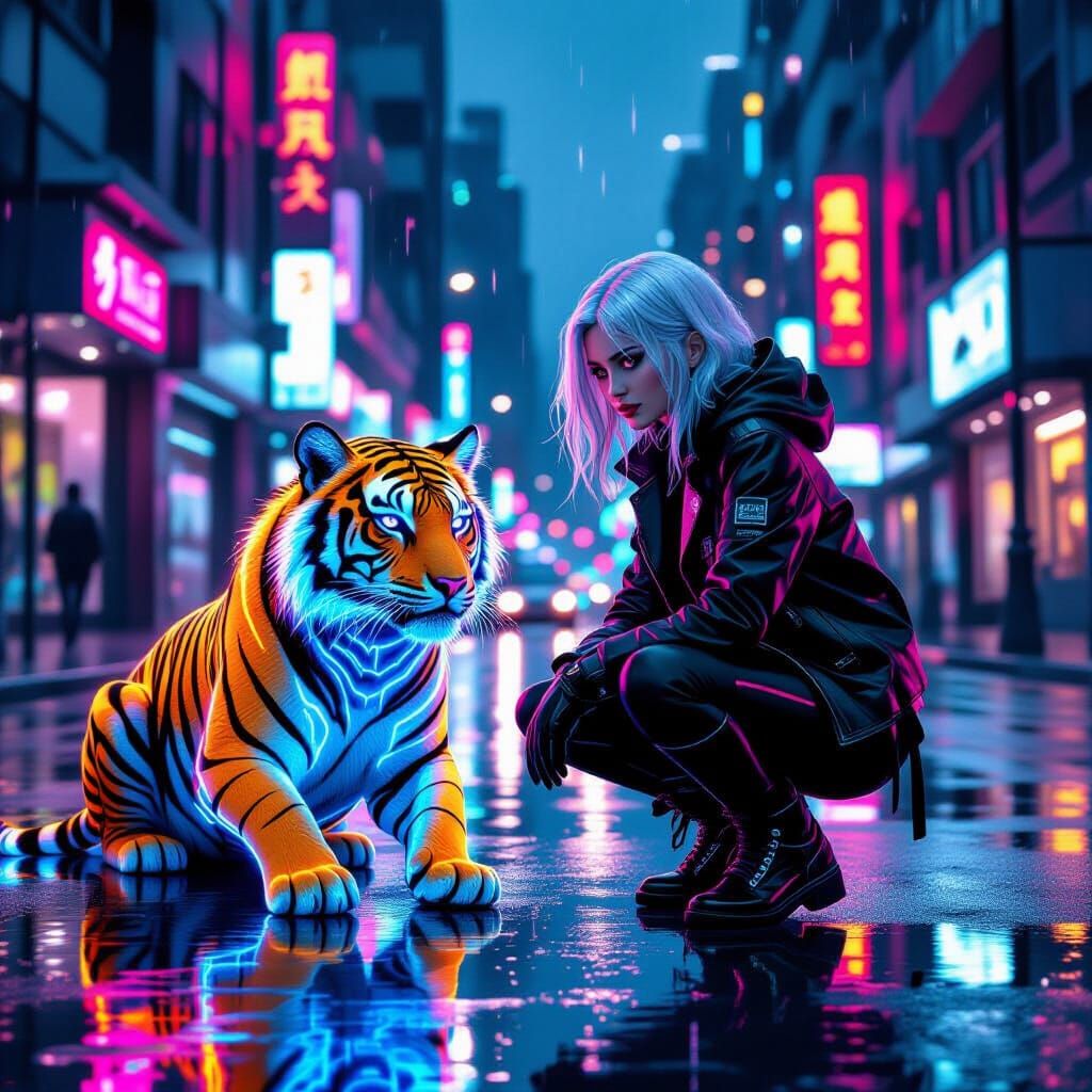 Cyberpunk Girl and Tiger in Neon Cityscape