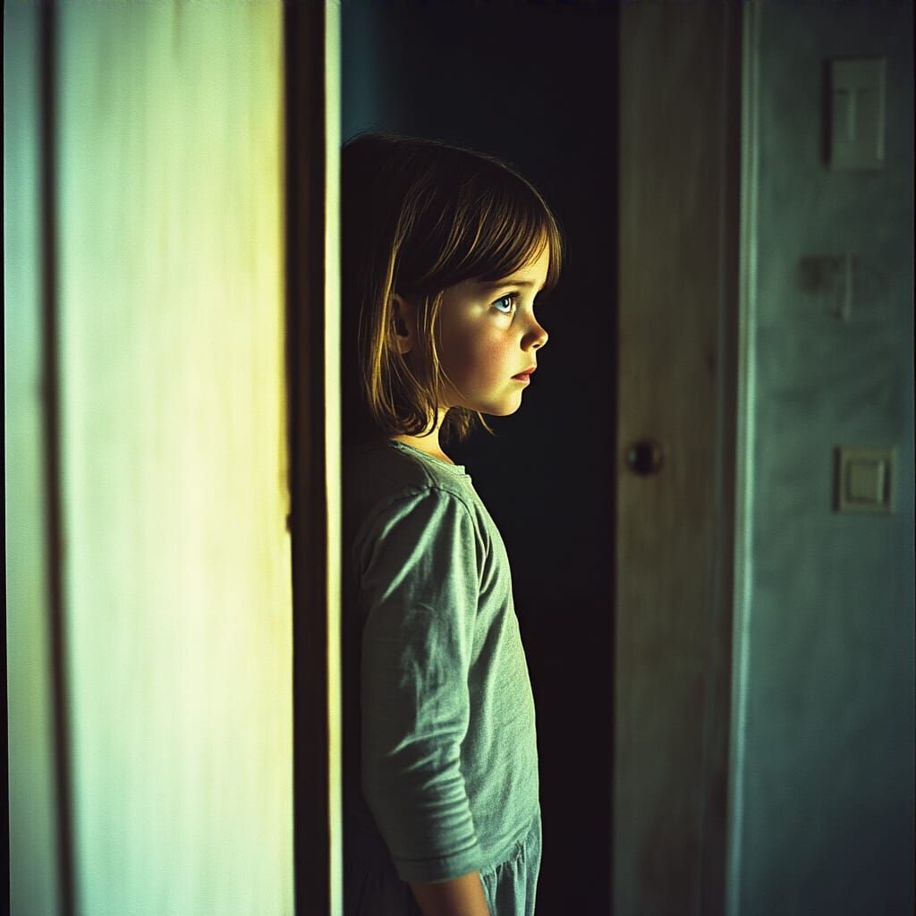 Girl at Doorway in Hyperrealistic Film Still