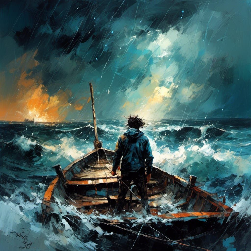 Expressionistic Ocean Storm with Lonely Sailor