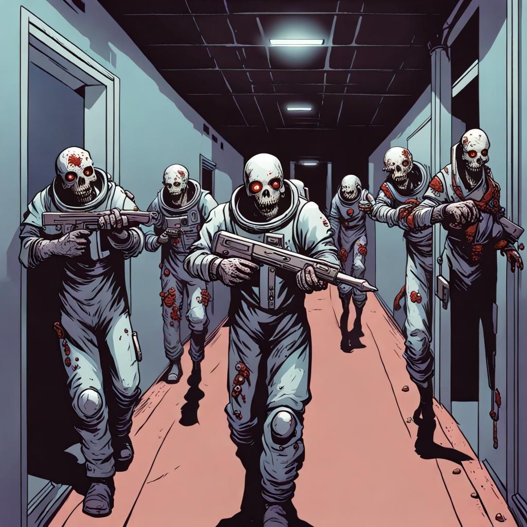 Necromancer Leads Zombie Astronauts Through Hallway