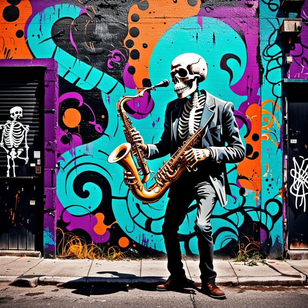 Skeleton Saxophonist Street Art Mural in Vibrant Hues
