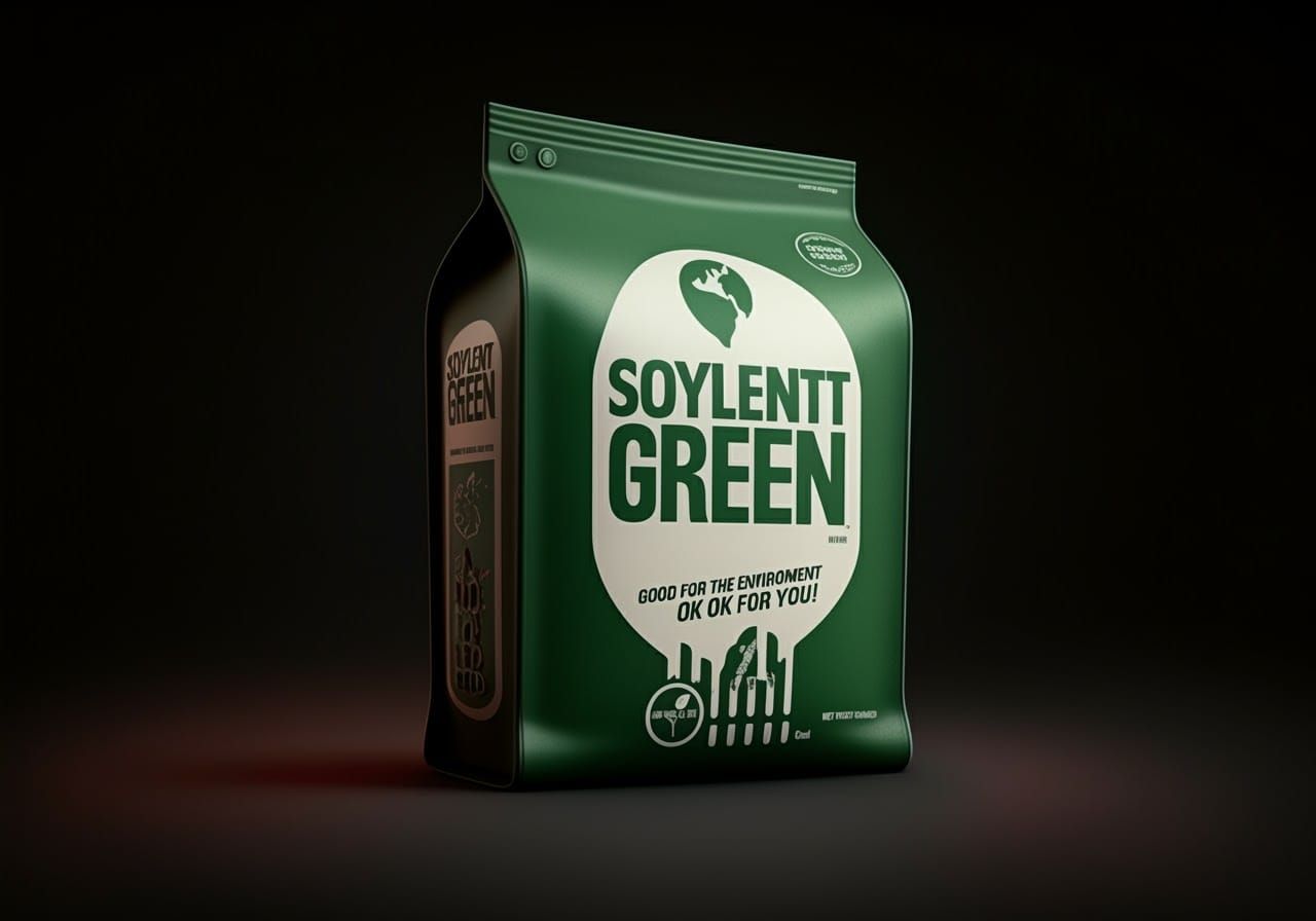 Retro-Futuristic Soylent Green Package in Dystopian Style