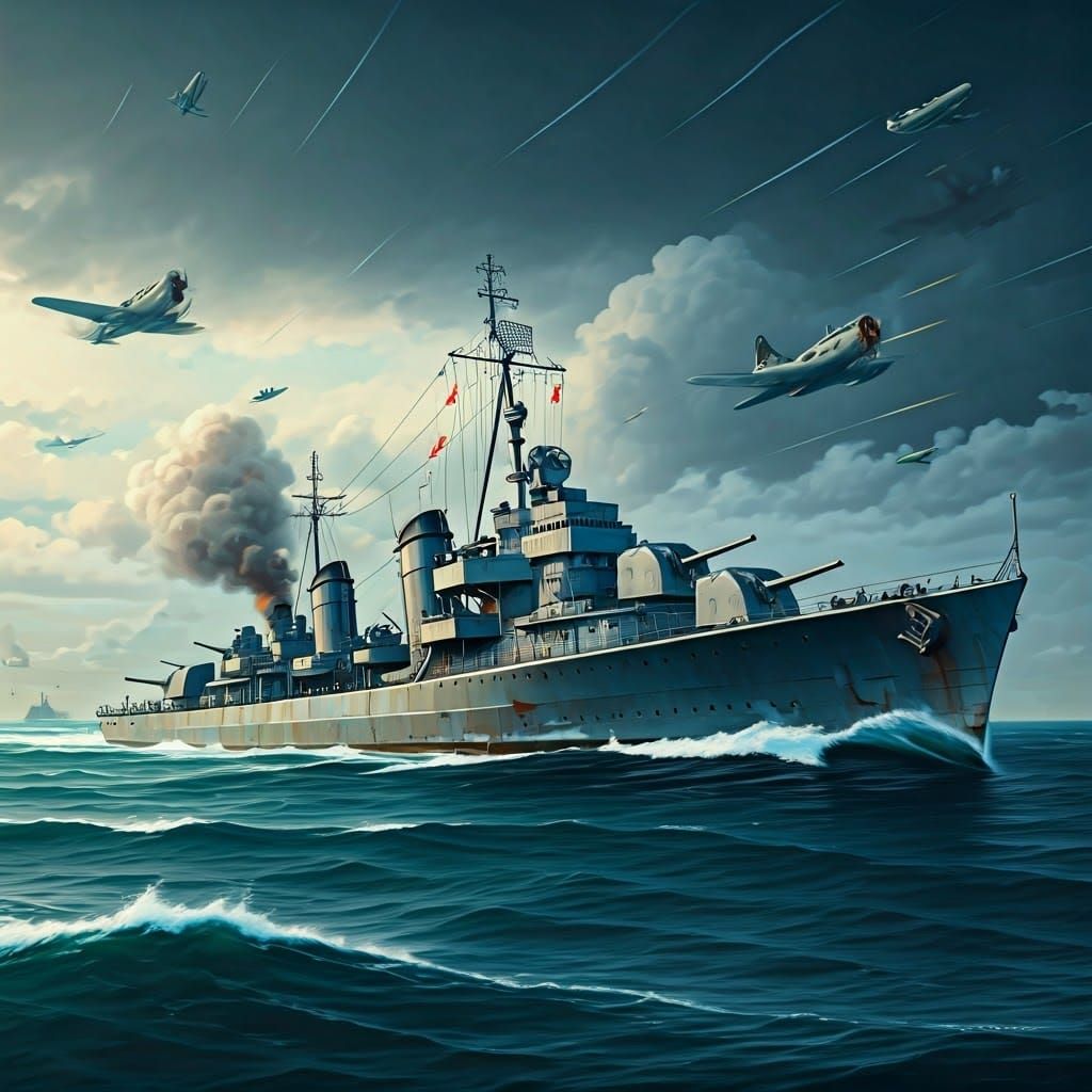 WWII Destroyer Under Attack: A Syd Mead Inspired Artwork