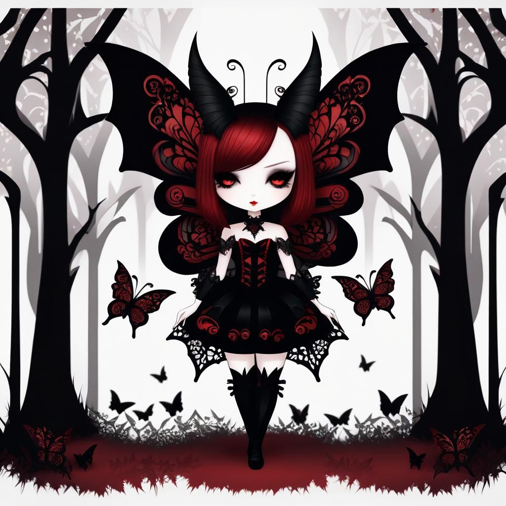 Gothic Chibi Bat-Butterfly Hybrid in Gloomy Forest