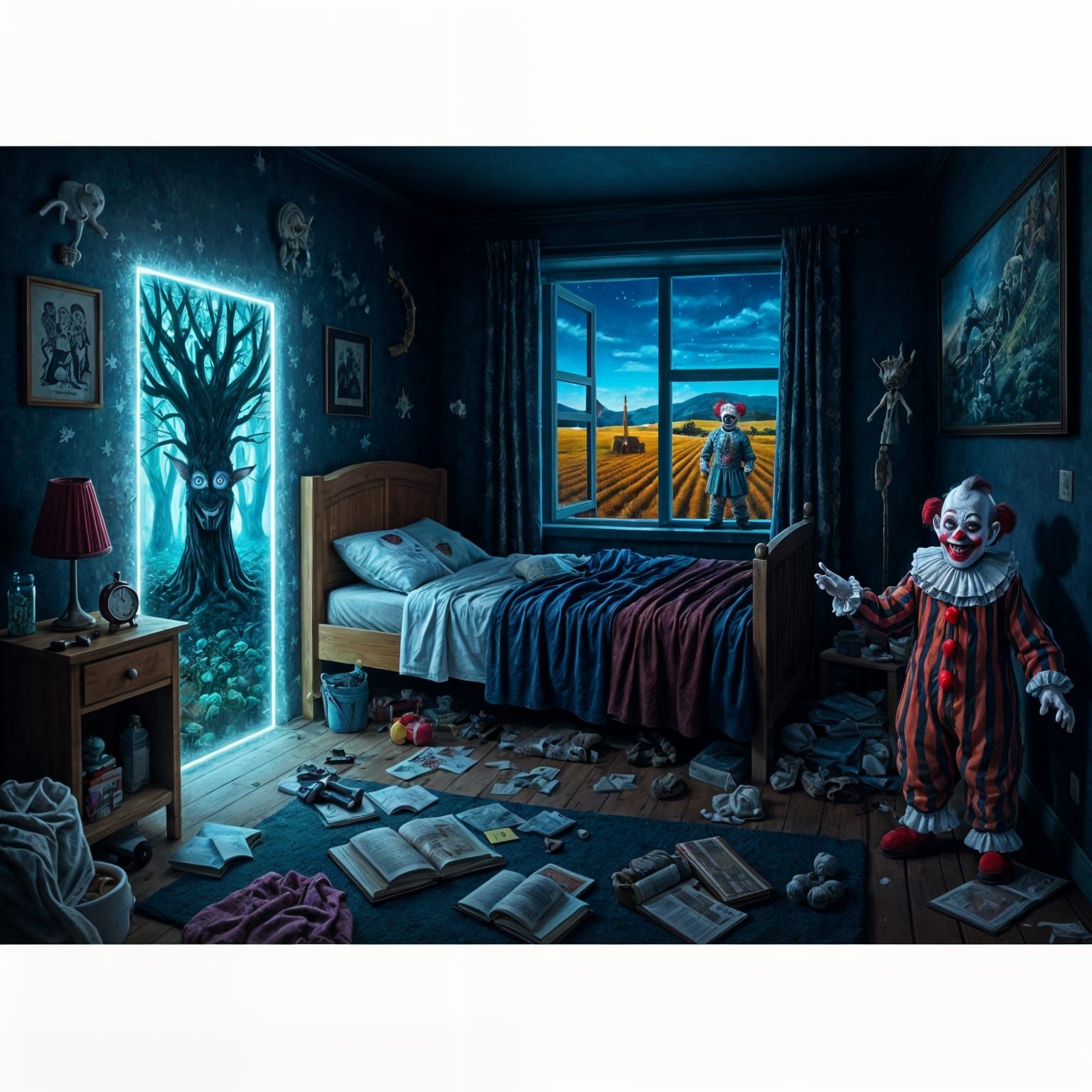 Surreal Portal to Mythical Forest in Messy Bedroom