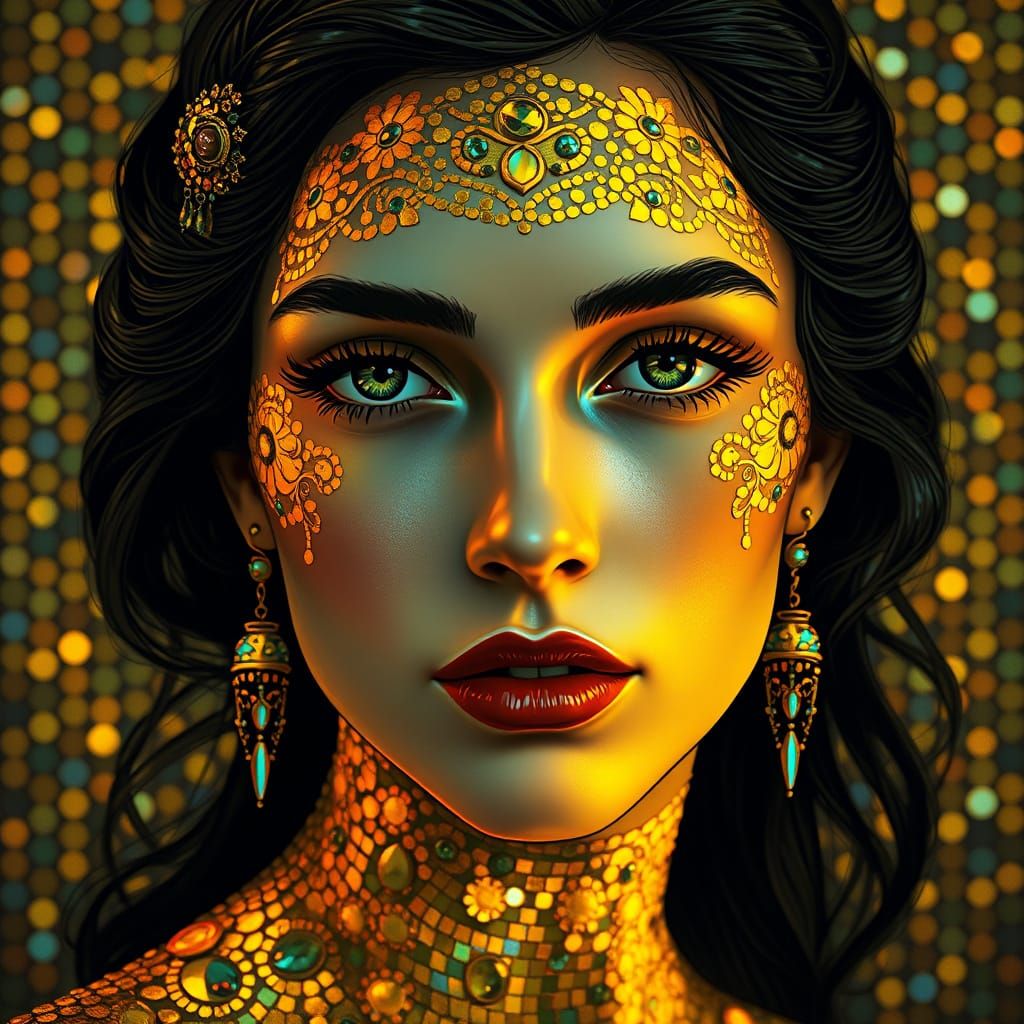 Golden Mosaic Woman in Klimt-Style Portrait