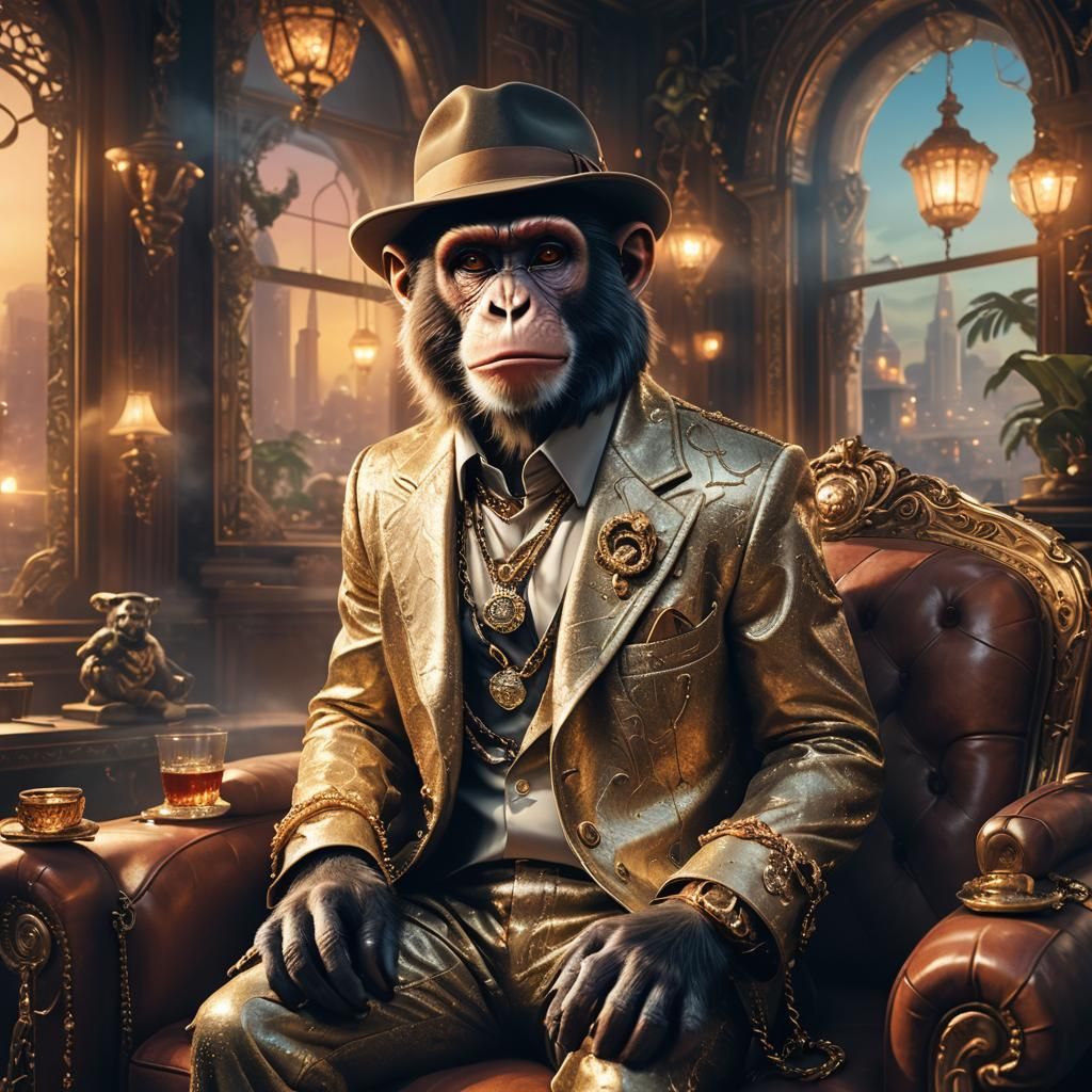 Monkey Smoking Cigarette in Lavish Fantasy Setting