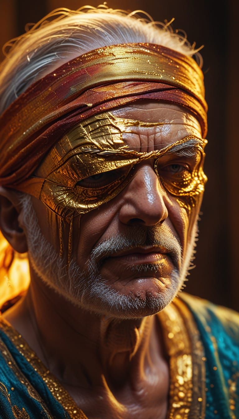 Surreal Old Man Blindfolded in Golden Light