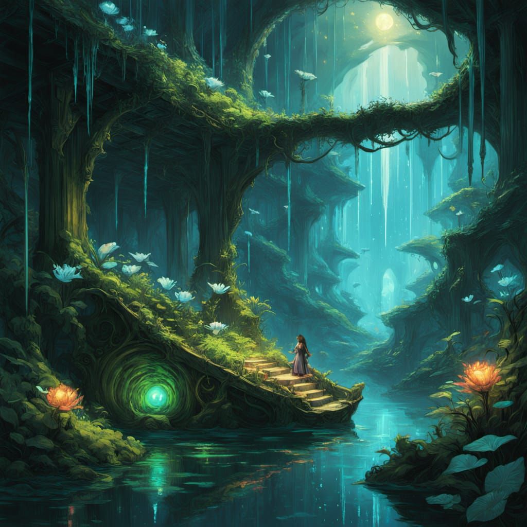 Anime Girl Explores Alien Jungle with Magical Flora