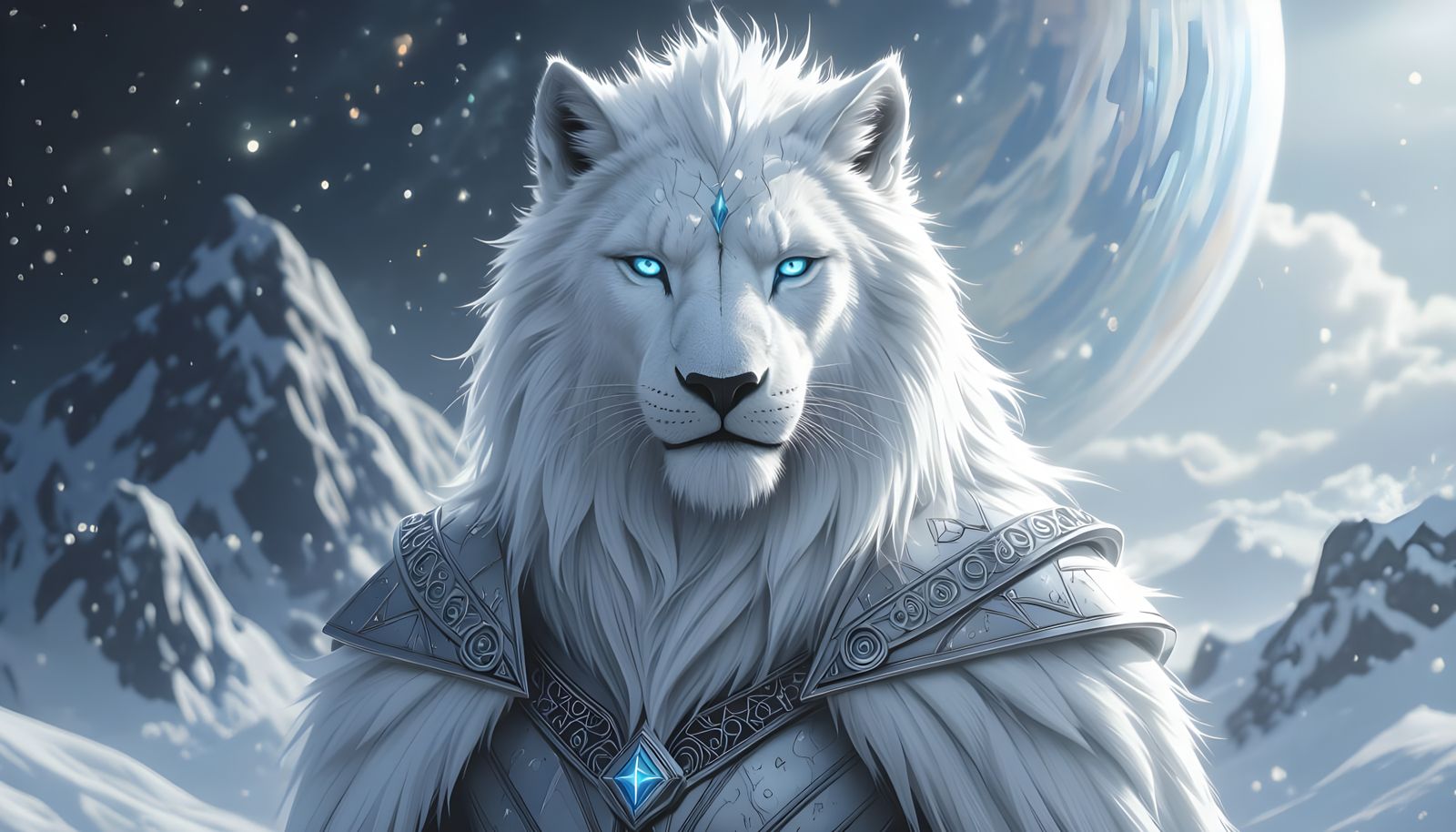 White Lion in Silver, Hyperrealistic Digital Art