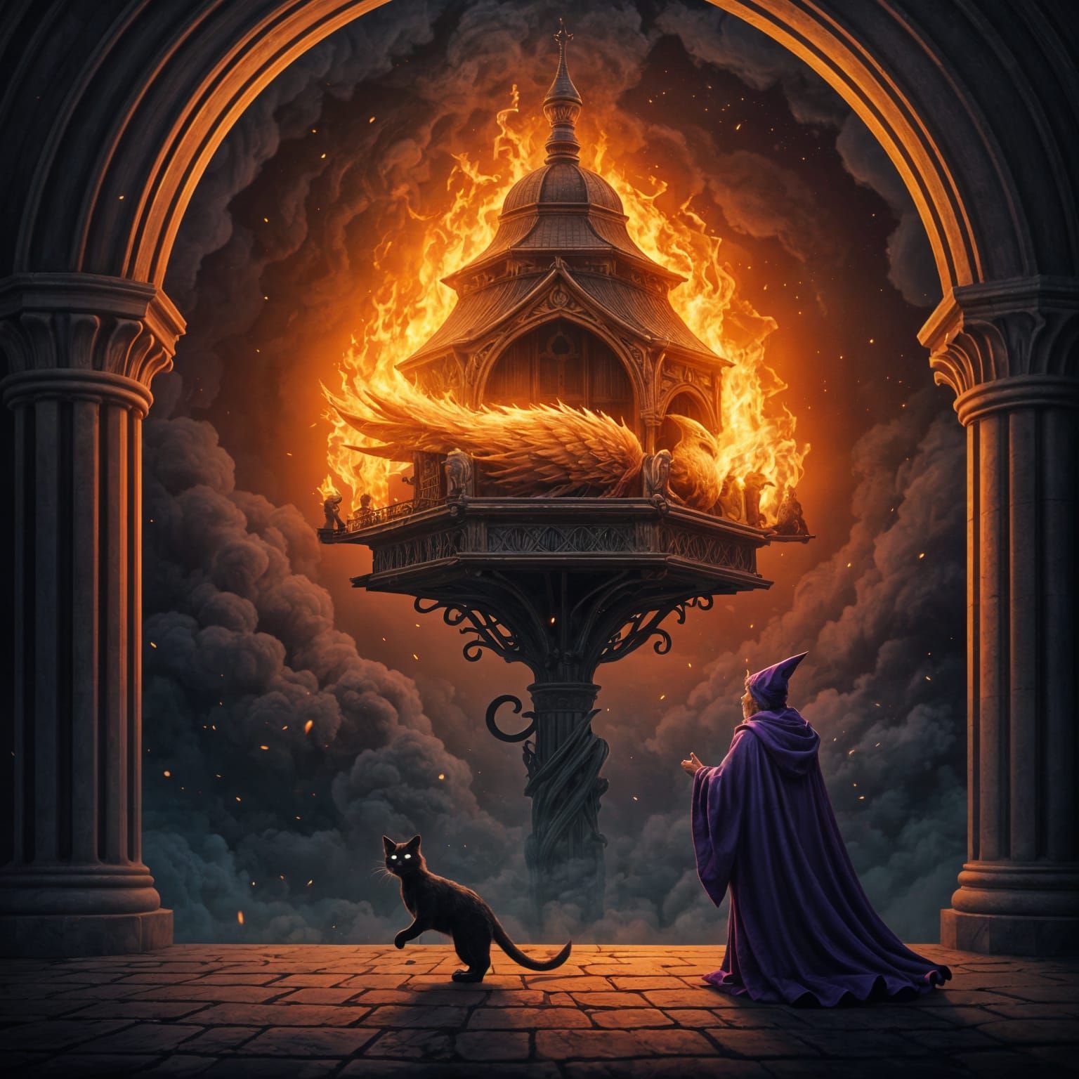Phoenix Ablaze: Wizard and Cat in Digital Painting