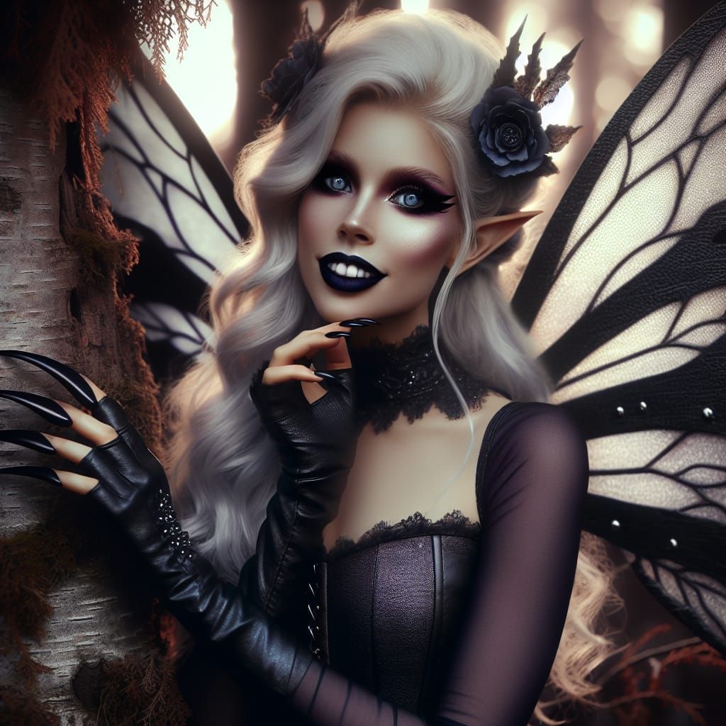 Enticing Fairy with Black Leather Wings Digital Illustration