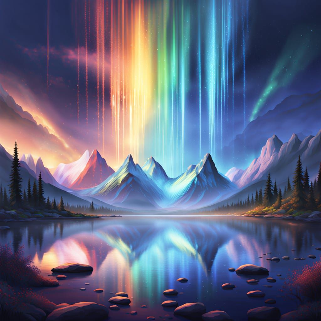Ethereal Rainbow Between Crystal Mountains Over Galaxy Lake