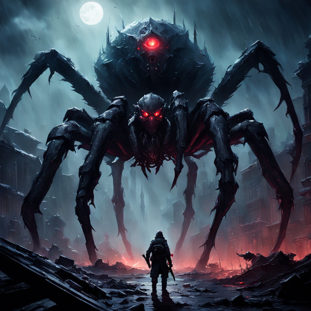 Dark Fantasy Helldivers Confront Giant Spiders in a Ruined S...