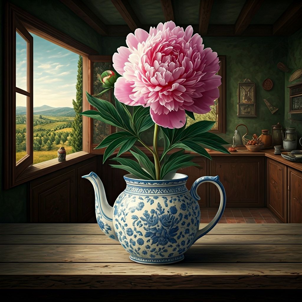 Surreal Quilted Peony in Teapot, Italian Kitchen