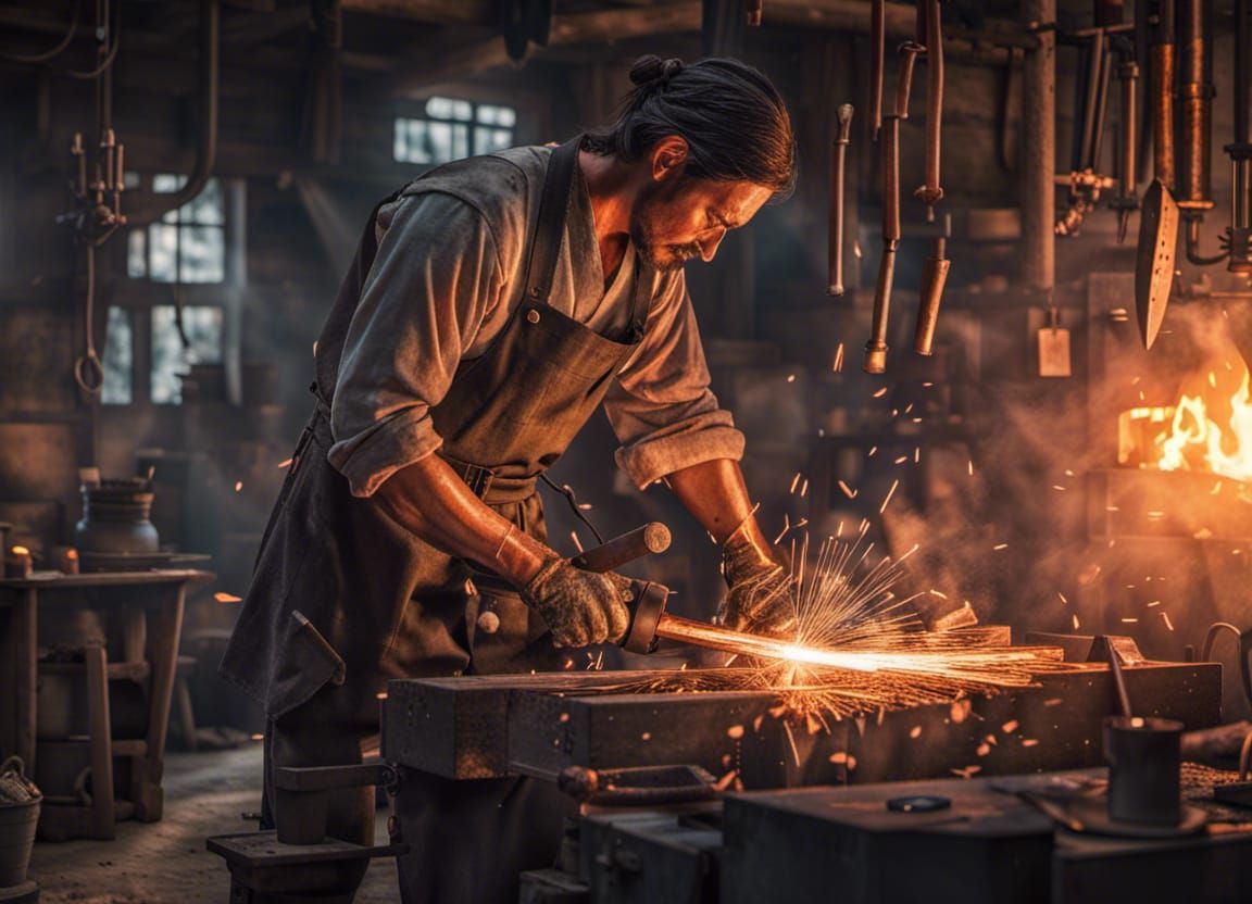 Anime Blacksmith Forging Sword in Workshop