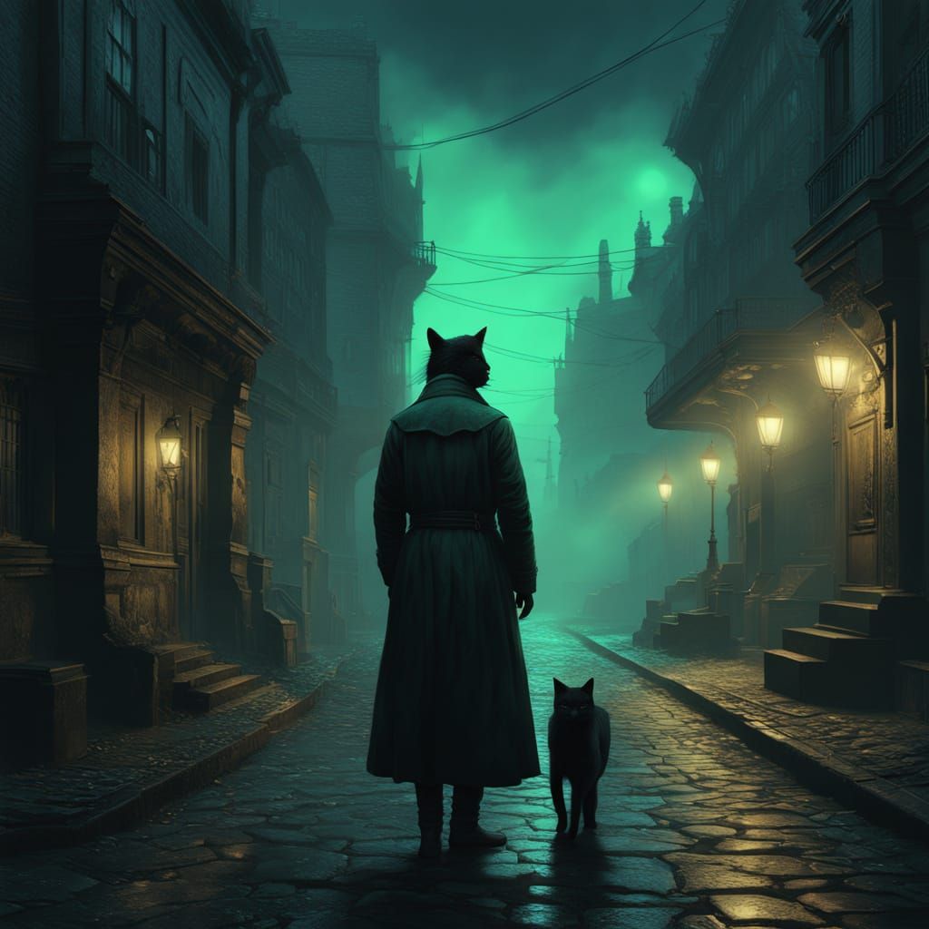 Gothic Detective and Black Cat in Foggy Victorian Street